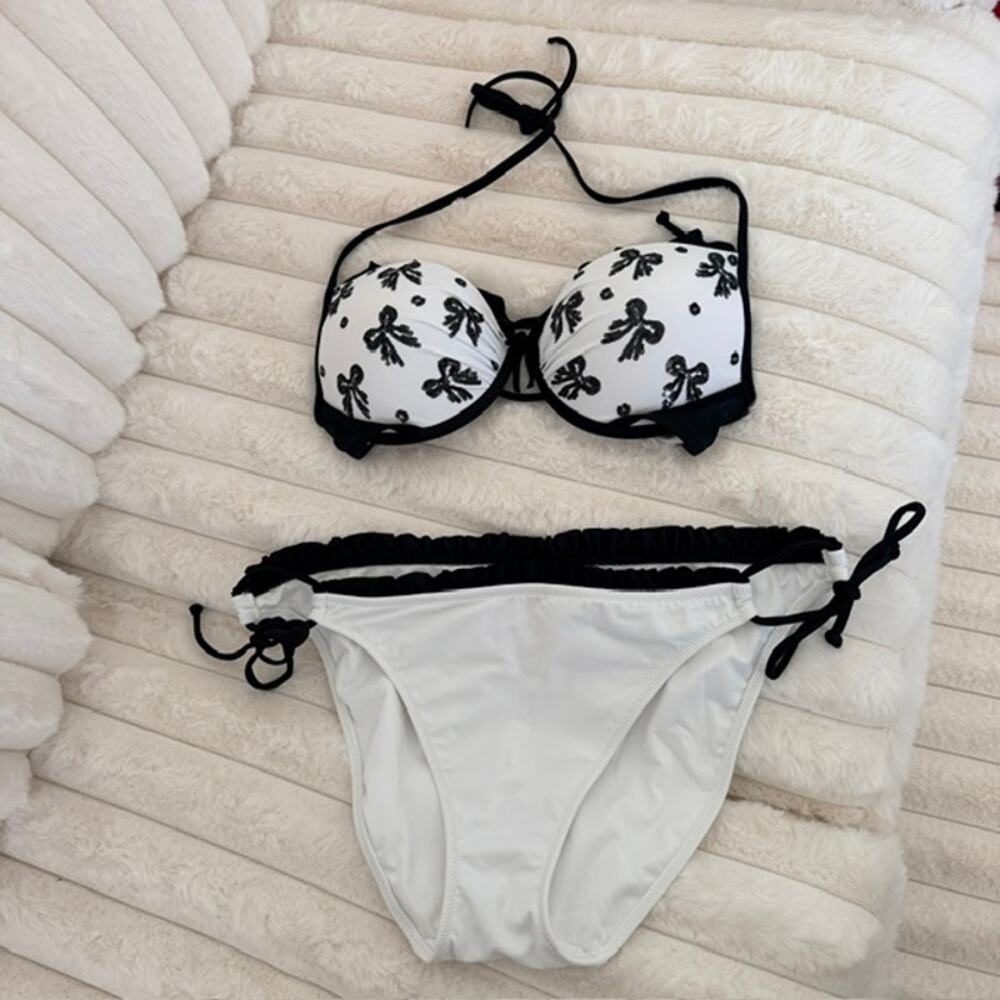 Victoria's Secret Bikini Set Embellished Bows Padded 36B Bottoms Large Women - Picture 12 of 12